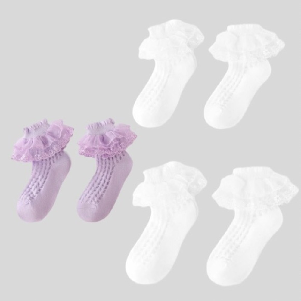 PATPAT baby girls Lace Trim Mesh Thin Socks Bundle of 3 - Mixed Sizes
